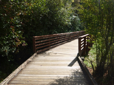 Paved trail transitions to boardwalk with edge protection and railings
